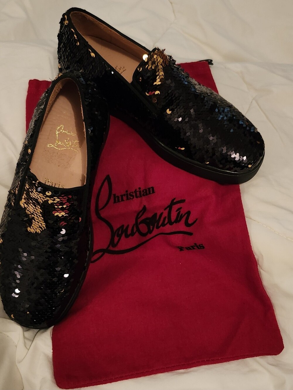 Christian Louboutin Black Sequin Slip-On Loafers with Gold Accents